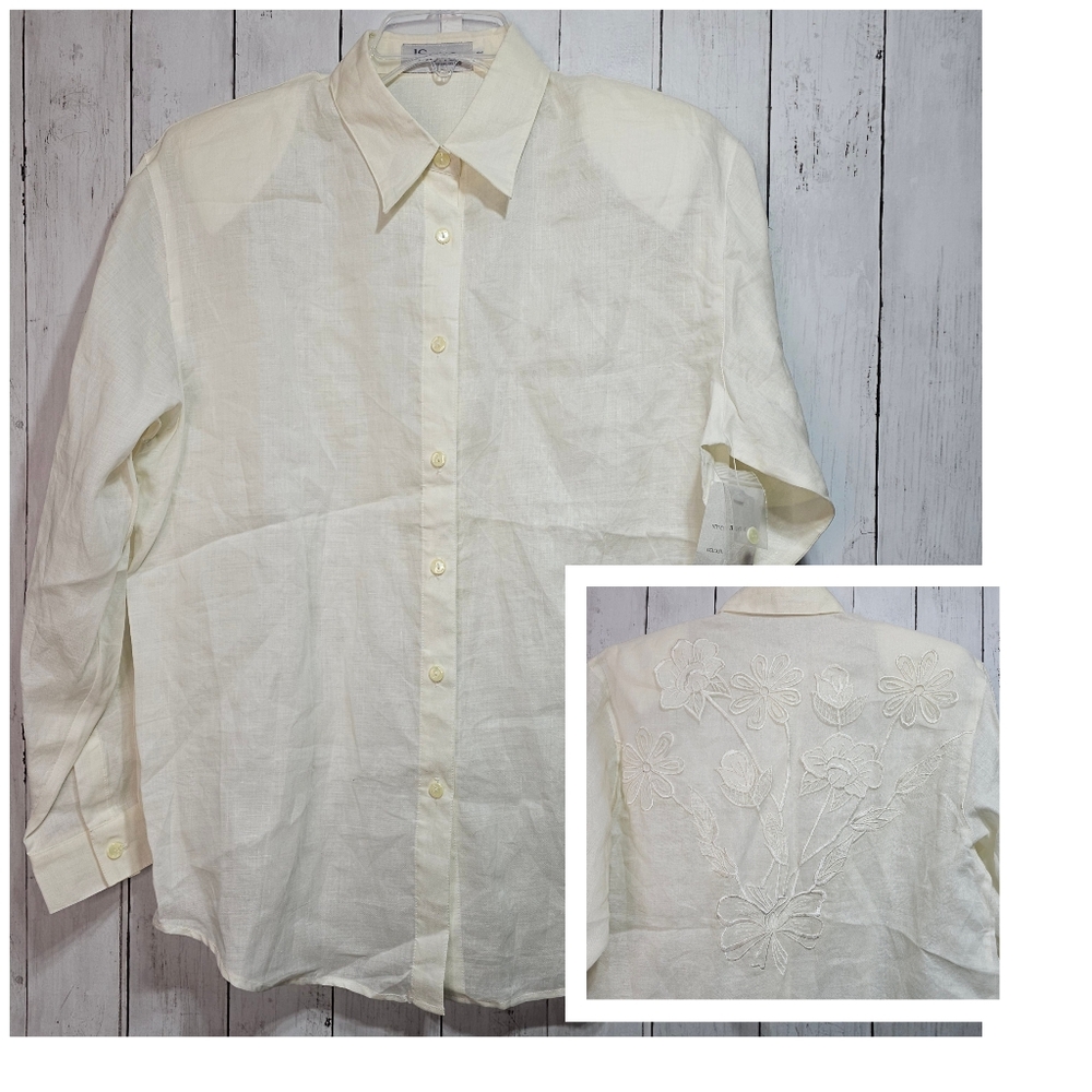 NWT Deadstock Vintage JSong Ivory 100% Linen Button Up Shirt Embroidered Size 2.